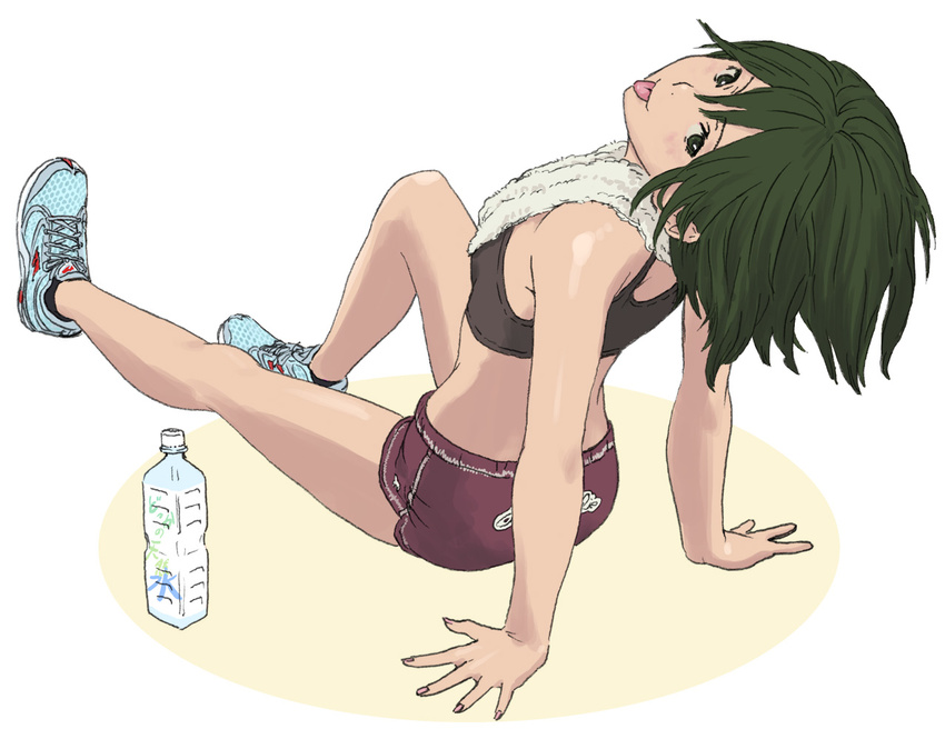 :p chiki_(botsugo) copyright_request flat_chest green_eyes green_hair shoes short_hair sneakers solo tongue tongue_out towel