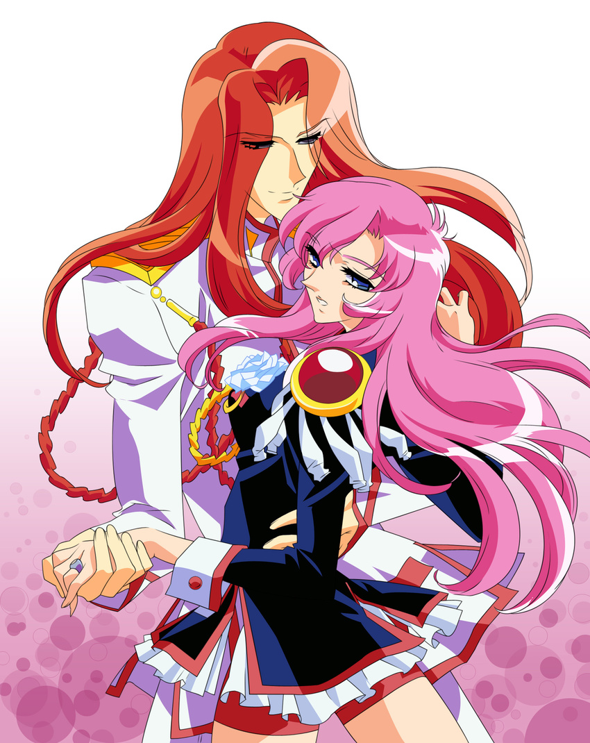 1girl 90s aiguillette epaulettes gradient gradient_background hasegawa_shin'ya highres kiryuu_touga long_hair pink_background pink_hair red_hair shoujo_kakumei_utena tenjou_utena white_background