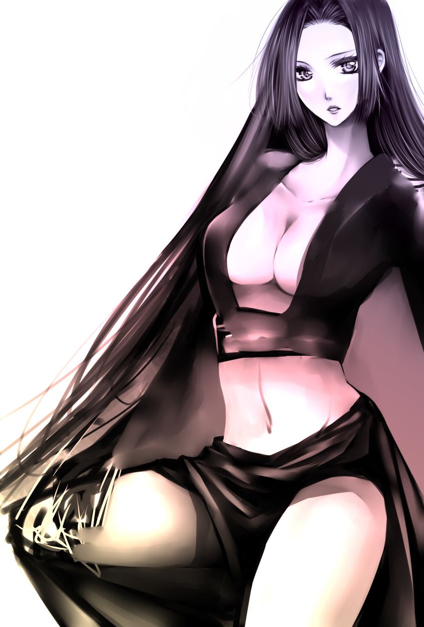 bad_id bad_pixiv_id black_hair boa_hancock breasts cleavage ff_gradient highres kanae_(aab) large_breasts long_hair midriff monochrome navel one_piece simple_background solo very_long_hair white_background