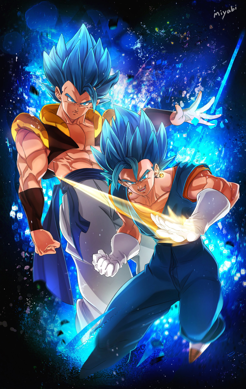 2boys :d absurdres arm_at_side artist_name aura belt blue_eyes blue_hair blurry clenched_hand dougi dragon_ball dragon_ball_super dragon_ball_super_broly dragonball_z earrings energy_blade fighting_stance frown gloves glowing gogeta highres jewelry looking_away male_focus multiple_boys muscle open_mouth outstretched_hand pants potara_earrings serious shaded_face shirtless short_hair smile spiked_hair stomach super_saiyan_blue teeth vegetto white_gloves white_pants wristband