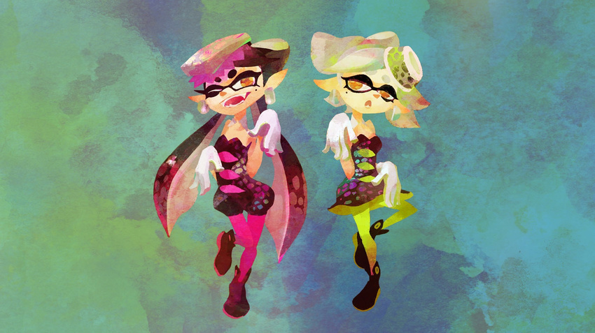 2girls aori_(splatoon) clothing duo ear_piercing earrings fangs female gloves hotaru_(splatoon) inkling jewelry looking_at_viewer mole mole_under_eye multiple_girls one_eye_closed orange_eyes piercing pointy_ears splatoon tentacle_hair tentacles wink yellow_eyes