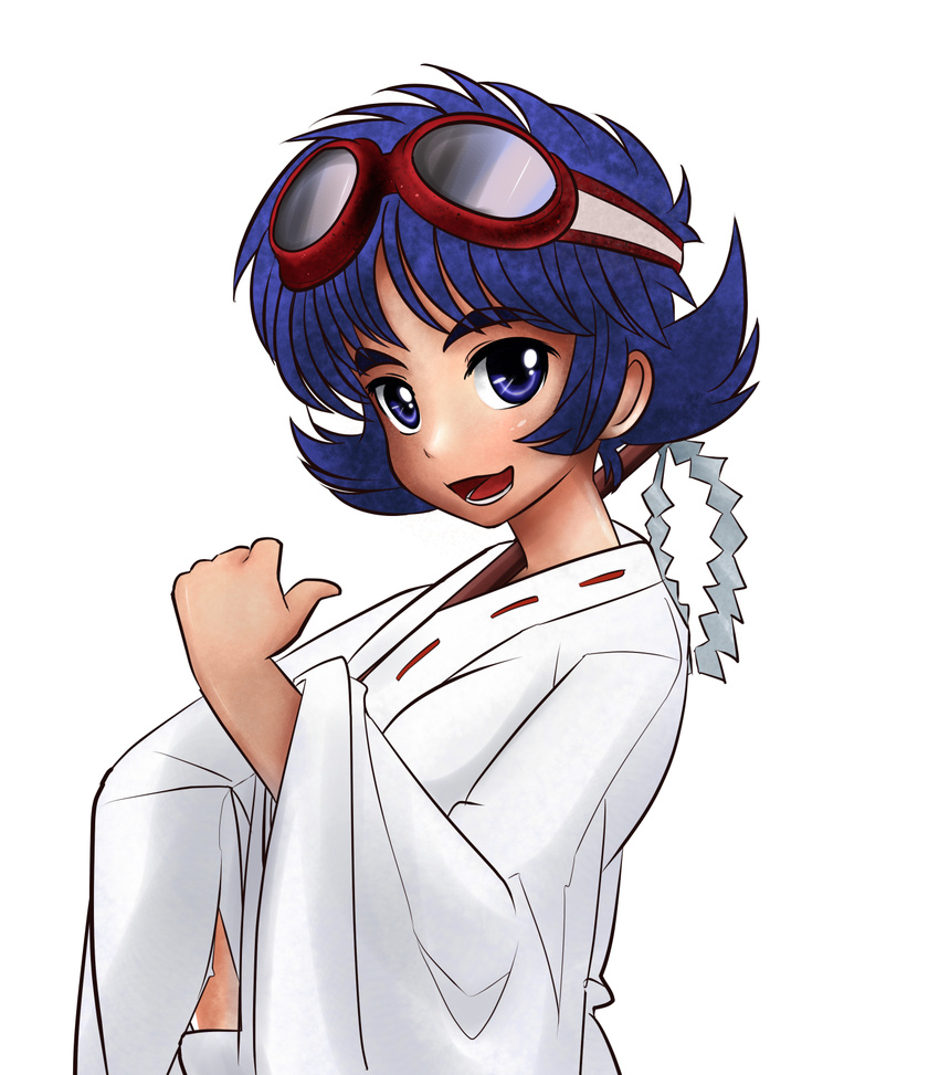 drawfag flipped_hair goggles goggles_on_head gohei highres japanese_clothes koyori miko open_mouth purple_eyes purple_hair sengoku_ace sengoku_blade short_hair smile solo white_background