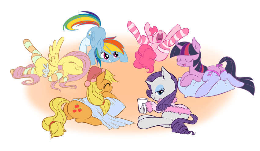 absurd_res angel_(mlp) applejack_(mlp) arm_warmers blonde_hair blue_fur blue_hair clothing congee-painting cute cutie_mark equine eyes_closed female fluttershy_(mlp) friendship_is_magic fur group hair half-closed_eyes hi_res horn horse lagomorph looking_at_viewer mammal multicolored_hair my_little_pony open_mouth orange_fur pillow pink_fur pink_hair pinkie_pie_(mlp) plain_background pony purple_fur purple_hair rabbit rainbow_dash_(mlp) rainbow_hair rarity_(mlp) sleepover smile socks teeth tongue twilight_sparkle_(mlp) two_tone_hair white_background white_fur wings yellow_fur