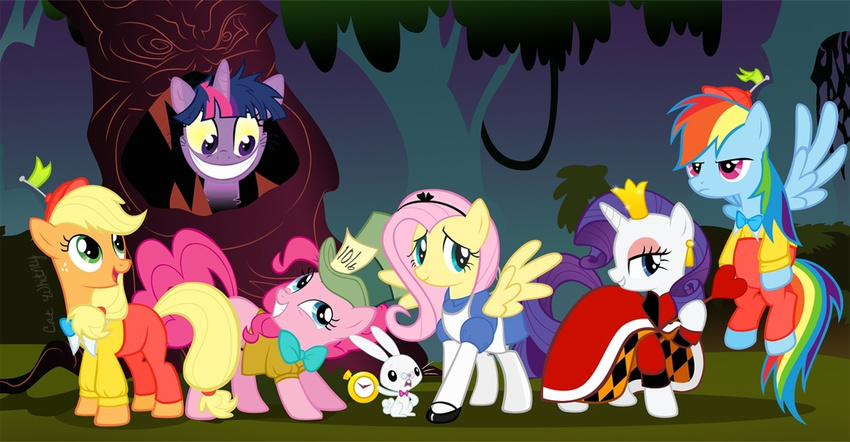 alice_(alice_in_wonderland) alice_in_wonderland angel_(mlp) anthro anthrofied applejack_(mlp) blonde_hair blue_eyes brothers cheshire_cat clothed clothing crown earth_pony equine female feral fluttershy_(mlp) freckles friendship_is_magic green_eyes hair horn horse lagomorph legwear mad_hatter mammal my_little_pony open_mouth pegasus pink_hair pinkie_pie_(mlp) pony purple_eyes purple_hair queen_of_hearts queen_of_hearts_(alice_in_wonderland) rabbit rainbow_dash_(mlp) rarity_(mlp) sibling smile stockings tweedledee tweedledum twilight_sparkle_(mlp) unicorn wings