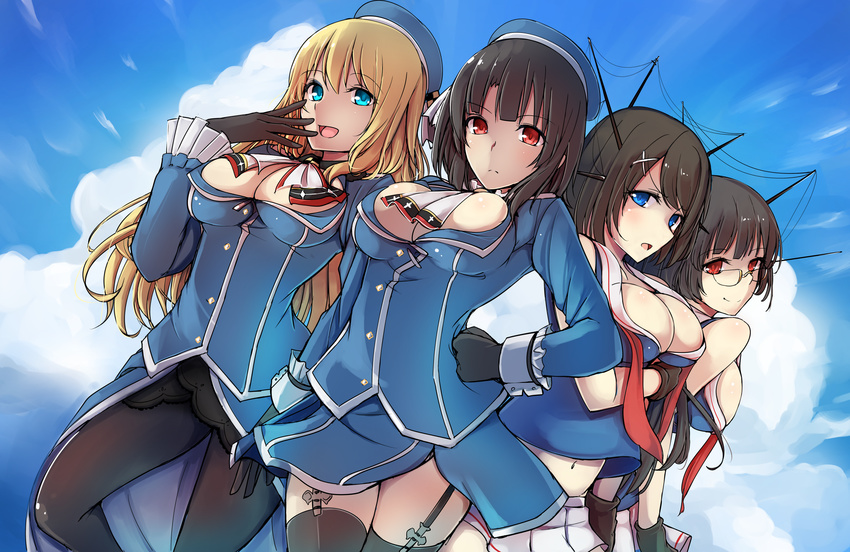 absurdres atago_(kantai_collection) black_gloves black_hair blonde_hair blue_eyes breasts choukai_(kantai_collection) cleavage cloud day garter_straps glasses gloves hand_on_hip hat highres kantai_collection korezyanai large_breasts long_hair looking_at_viewer maya_(kantai_collection) multiple_girls navel pantyhose red_eyes short_hair sky smile takao_(kantai_collection)