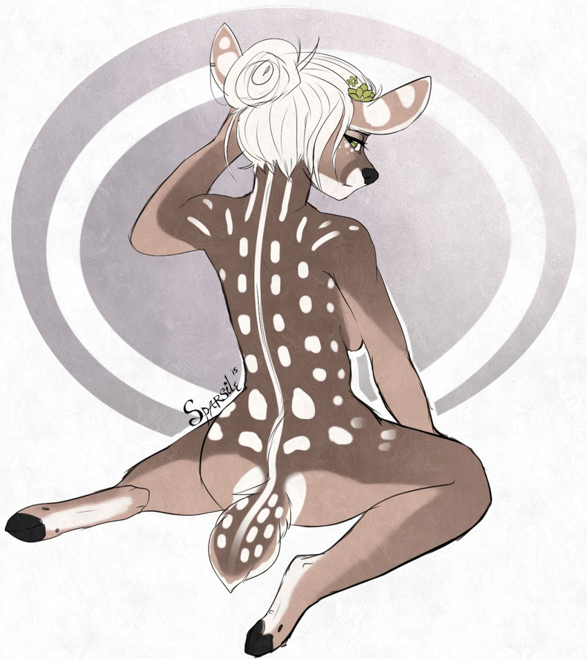 2015 anthro back_to_viewer breasts butt cervine deer ear_piercing female fur green_eyes hair hair_bun looking_at_viewer looking_back mammal nude piercing side_boob signature sitting smile solo sparsile spots spread_legs spreading white_hair