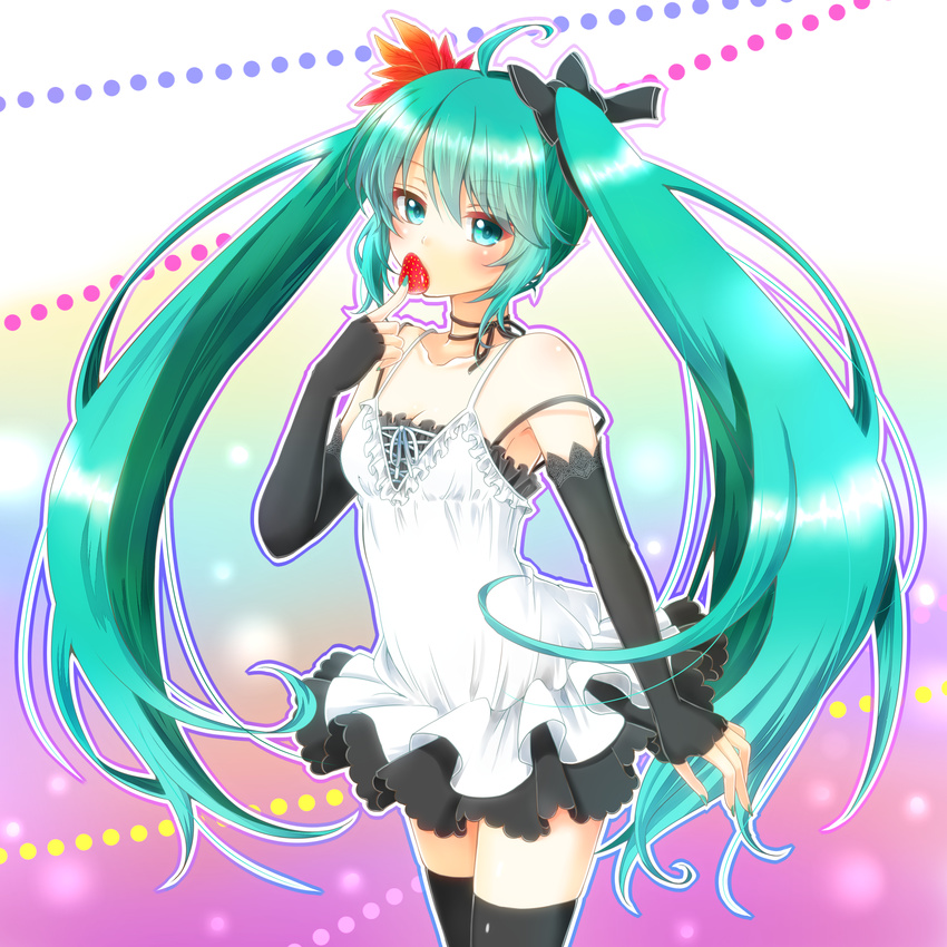 absurdres ahoge aoi_(kiyokiyoaomushi) blush dress elbow_gloves fingerless_gloves food fruit gloves green_eyes green_hair hatsune_miku highres long_hair looking_at_viewer nail_polish solo strawberry thighhighs twintails very_long_hair vocaloid