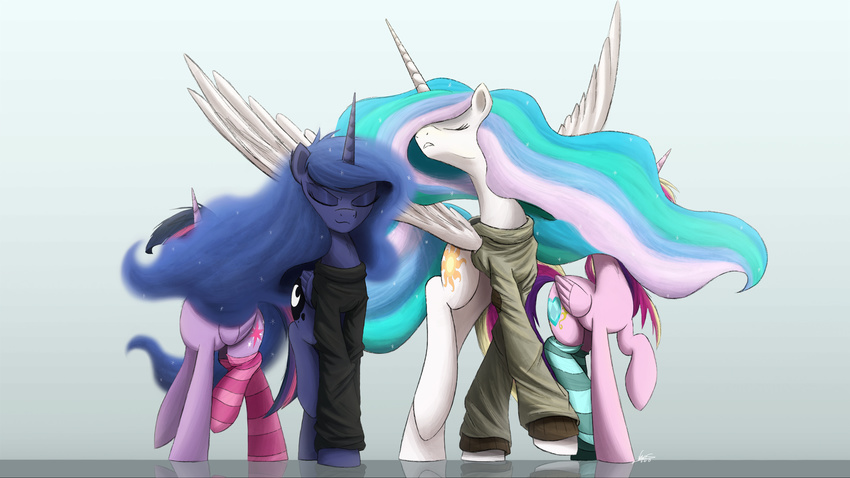 2015 armor blue_hair book clothing cutie_mark english_text equine eyes_closed female feral friendship_is_magic group hair hi_res horn horse long_hair magic mammal multicolored_hair my_little_pony ncmares pony princess_cadance_(mlp) princess_celestia_(mlp) princess_luna_(mlp) purple_hair shirt sibling sisters smile socks sticker sweater text twilight_sparkle_(mlp) winged_unicorn wings