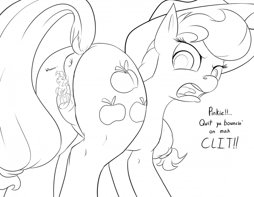 2015 anus applejack_(mlp) black_and_white butt clitoris cutie_mark dialogue dock duo earth_pony english_text equine eyes_closed female female/female feral friendship_is_magic hair horse long_hair macro mammal micro monochrome my_little_pony open_mouth pinkie_pie_(mlp) pony pussy sugahbite text