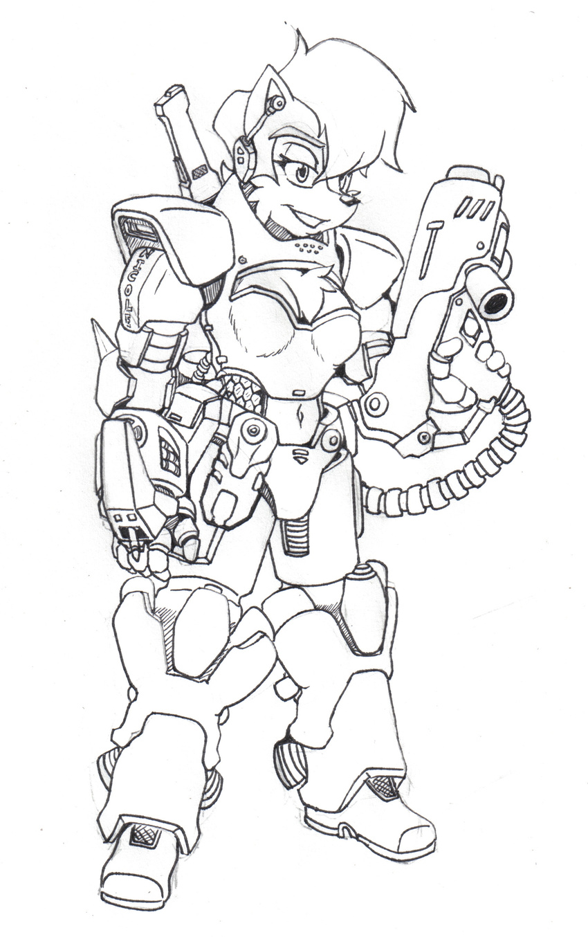 anthro aval0nx black_and_white breasts chipmunk female gun hi_res mammal monochrome power_armor ranged_weapon rodent sally_acorn solo sonic_(series) suit weapon