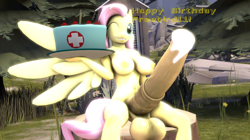 2015 3d animal_genitalia anthro anthrofied balls big_balls breasts cake cgi diamonikon dickgirl english_text equine erection fluttershy_(mlp) food friendship_is_magic grass hair horsecock huge_balls hyper hyper_penis intersex mammal my_little_pony nipples nude one_eye_closed outside pegasus penis pink_hair plate sitting smile solo source_filmmaker text wings