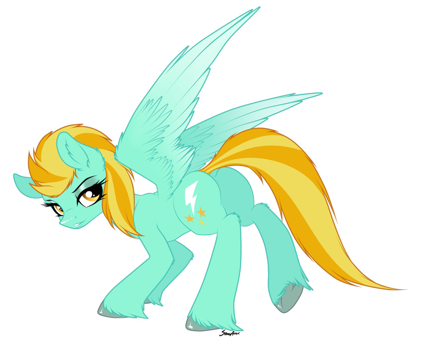ass_up butt cutie_mark equine female feral friendship_is_magic fur green_fur hair lightning_dust_(mlp) looking_at_viewer mammal my_little_pony pegasus presenting smile solo strachinthesack two_tone_hair wings yellow_eyes