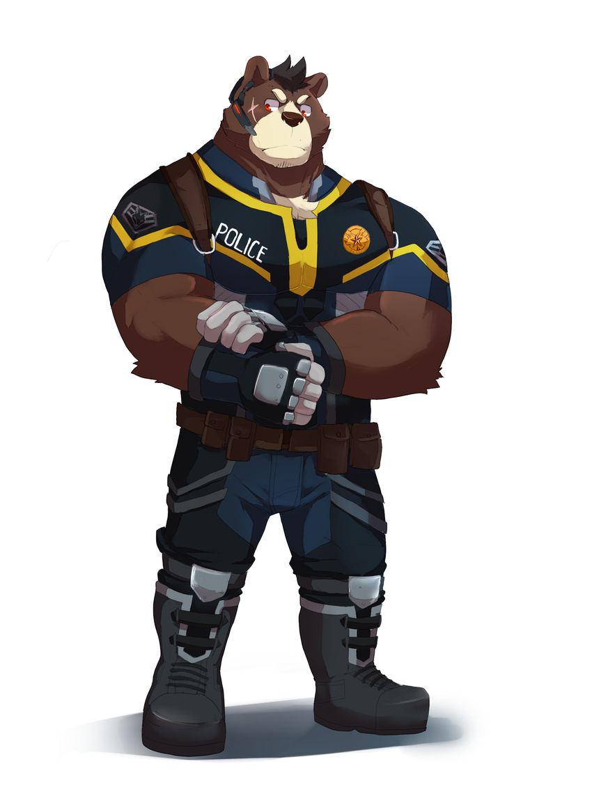 anthro bear biceps boots chest_tuft clothing fur gloves male mammal muscles o-ro police red_eyes scar solo tuft uniform utility_belt