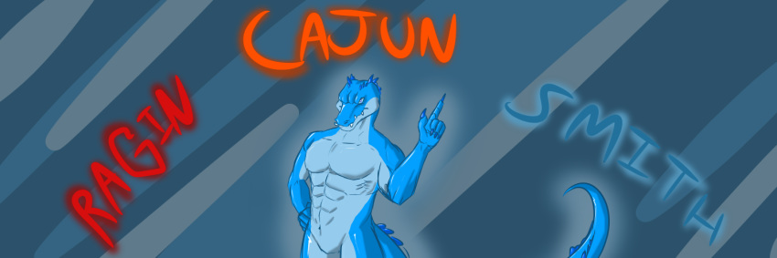 abs banner blue_scales blue_skin cajun crocodile crocodilian dahurgthedragon invalid_color invalid_tag male muscular nude pointing pose presenting ragincajun reptile scales scalie shiny simple_background smith solo stripes text twitter
