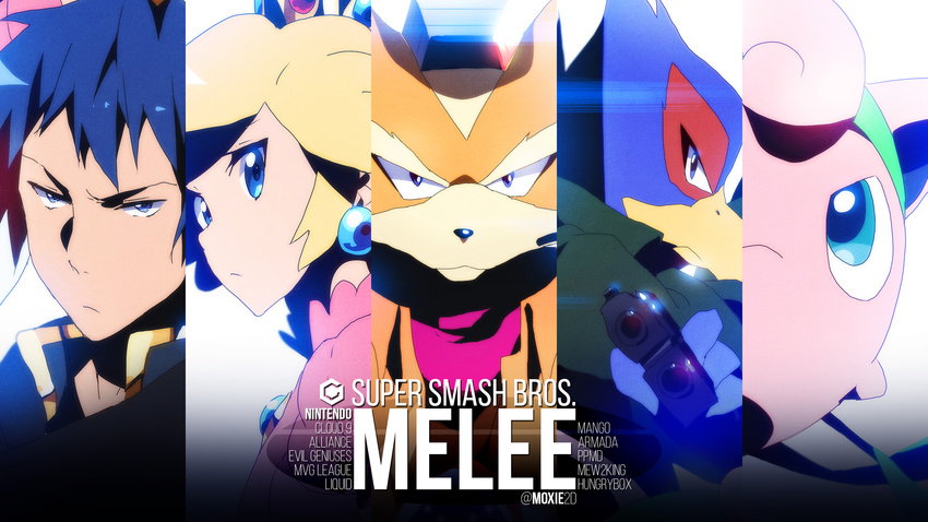 1girl 3boys anthro avian bird black_nose blonde_hair blue_eyes blue_hair brown_fur canine clothing crossover crown english_text falco_lombardi female fire_emblem fox fox_mccloud fur furry gun hair handgun headband headset hi_res highres human jacket jewelry jigglypuff long_hair male mammal mario_(series) mario_bros marth marth_(fire_emblem) moxie2d multiple_boys nintendo pistol pok&eacute;mon pokemon princess_peach ranged_weapon scarf star_fox super_mario_bros. super_smash_bros super_smash_bros. text tom_skender twitter_username video_games wallpaper weapon white_fur