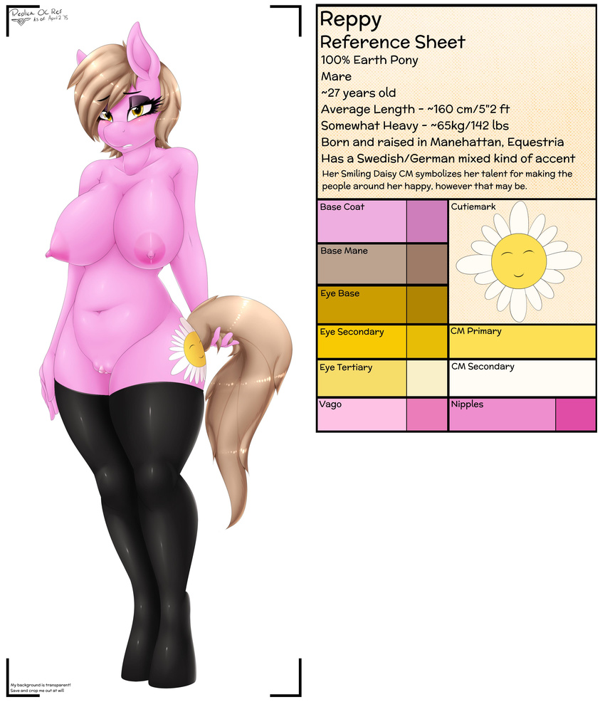 2015 absurd_res anthro areola big_breasts blonde_hair blush breasts cutie_mark dialogue english_text equine fan_character female hair hi_res horse legwear mammal model_sheet my_little_pony nipples nude pony pussy replica_(artist) reppy short_hair solo stockings text yellow_eyes