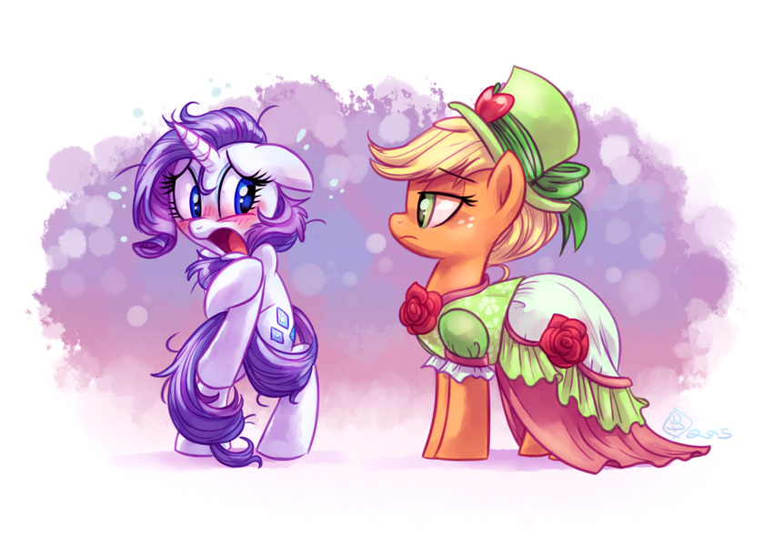 2015 applejack_(mlp) blonde_hair blue_eyes blush clothing covering cutie_mark dress duo embarrassed equine female feral friendship_is_magic fur green_eyes hair hat horn horse mammal my_little_pony pony purple_hair rarity_(mlp) unicorn white_fur whitediamonds