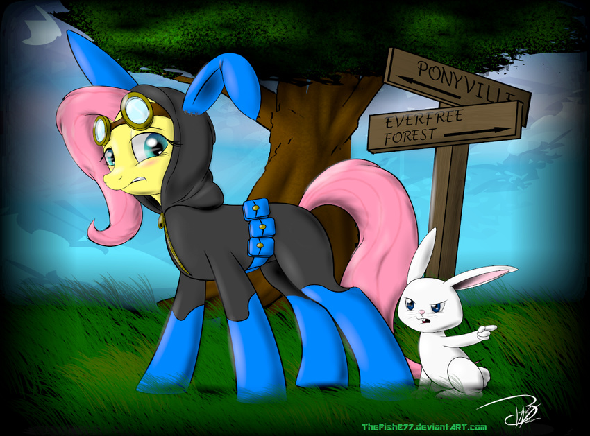 angel_(mlp) annoyed blue_eyes blush bodysuit clothed clothing duo equine eyewear female feral fluttershy_(mlp) friendship_is_magic fur goggles hair lagomorph long_hair male mammal my_little_pony open_mouth outside pegasus pink_hair rabbit scared signature skinsuit teeth text thefishe77 white_fur wings yellow_fur