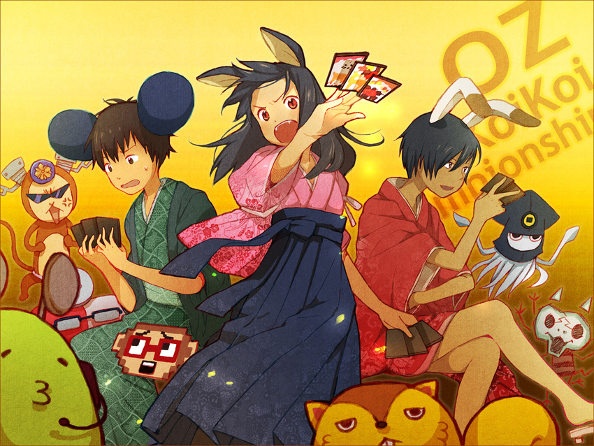 2boys animal_ears bunny_ears deer_ears fangs foreshortening hanafuda hands ikezawa_kazuma japanese_clothes kari-kenji king_kazuma koiso_kenji mouse_ears multiple_boys shinohara_natsuki summer_wars yuu_(plasm)