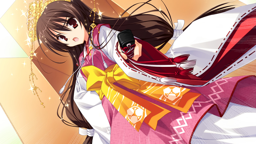 bow brown_eyes brown_hair foreshortening frown game_cg japanese_clothes katana large_bow long_hair looking_at_viewer muririn red_eyes ribbon solo sparkle sword tassel tenshinranman tiara twintails unohana_no_sakuyahime weapon wide_sleeves