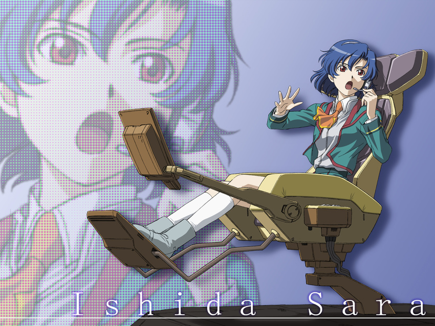 blue_hair brown_eyes chair gunparade_orchestra headset highres ishida_sara mcq school_uniform sitting solo zoom_layer