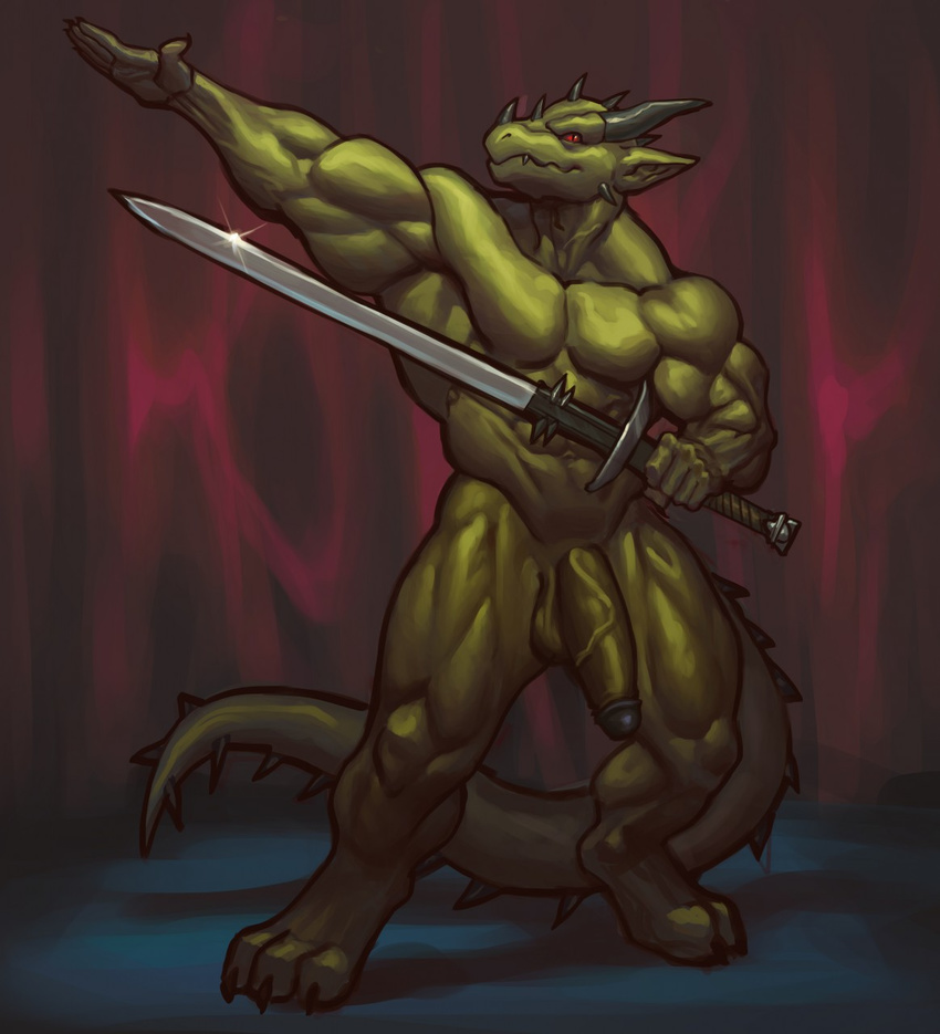 2015 abs anthro armpits balls barefoot biceps big_muscles big_penis blazingifrit claws digitigrade dragon fangs green_skin horn looking_at_viewer male manly muscles navel nude pecs penis pose raised_arm red_eyes ripped scalie solo standing sword toe_claws toned varanis_blackclaw vein veiny_penis weapon