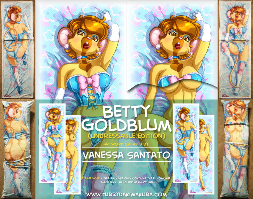 2014 advertisement annoying_watermark anthro betty_goldblum big_breasts breasts brown_hair butt cleavage clothed clothing dakimakura ear_piercing english_text female fur hair looking_at_viewer lying mammal mouse nipples nude piercing pleasure_bon_bon prostitution pussy rodent solo text vanessa_santato watermark