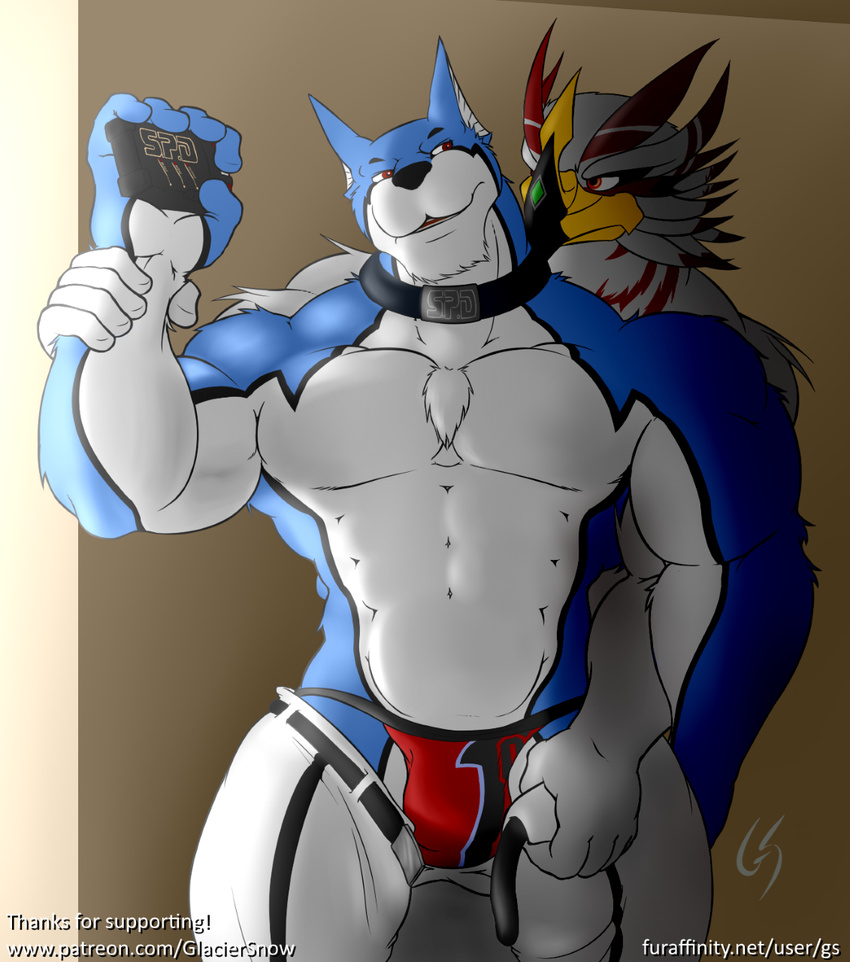 2015 abs anthro avian beak biceps big_muscles black_nose blue_fur bulge canine chest_tuft clothed clothing collar dekamaster dog doggy_kruger duo eye_contact fur grasp gs half-dressed interspecies jockstrap male mammal manly muscles open_mouth pants pants_down pecs pointy_ears power_rangers raised_arm red_eyes ripped smile speedo standing swimsuit teeth topless tuft underwear white_fur