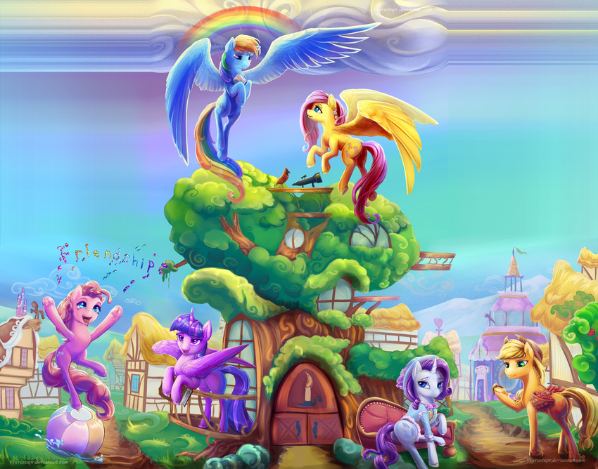 2015 absurd_res apple applejack_(mlp) avian beach_ball bird blonde_hair blue_eyes blue_fur book clothing cloud confetti cowboy_hat cutie_mark door earth_pony edit english_text equine female feral fluttershy_(mlp) flying freckles friendship_is_magic fruit fur green_eyes group hair hat hi_res hooves horn horse long_hair mammal mud multicolored_hair my_little_pony open_mouth orange_fur outside pegasus pink_fur pink_hair pinkie_pie_(mlp) pony purple_eyes purple_fur purple_hair rainbow rainbow_dash_(mlp) rainbow_hair raining rarity_(mlp) smile text twilight_sparkle_(mlp) unicorn viwrastupr white_fur winged_unicorn wings yellow_fur