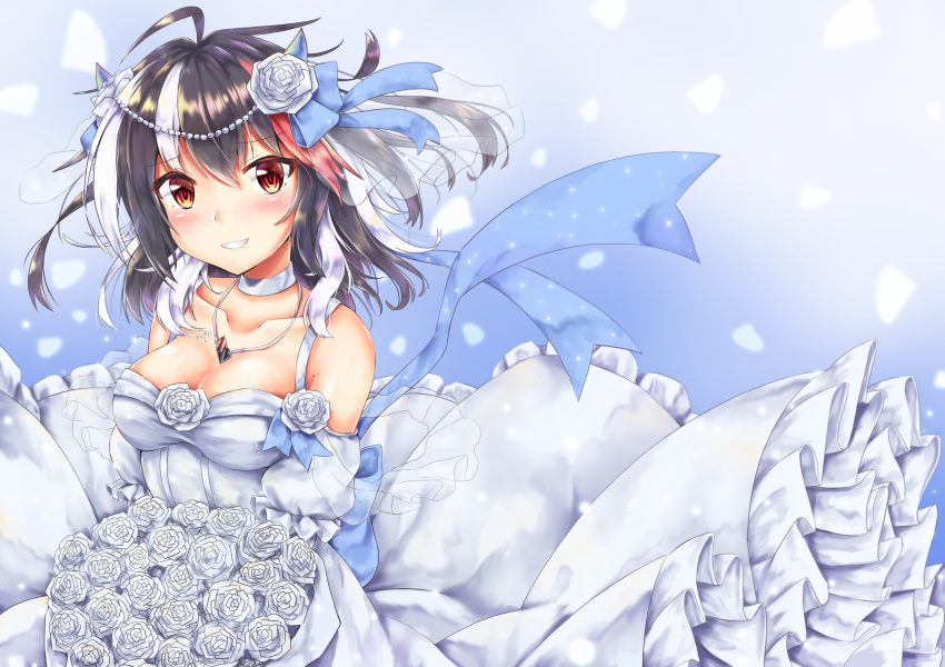 absurdres ahoge akiteru98 bangs bare_shoulders beads black black_hair blue_background blue_ribbon blush bouquet breasts choker cleavage collarbone commentary_request detached_sleeves dress eyebrows_visible_through_hair flower frills gradient gradient_background grin hair_between_eyes hair_flower hair_ornament hair_ribbon highres holding holding_bouquet holding_flower horns jewelry kijin_seija long_hair long_sleeves looking_at_viewer medium_breasts multicolored_hair pendant petals red_eyes red_hair ribbon rose rose_petals smile solo spaghetti_strap streaked_hair touhou wedding_dress white_choker white_dress white_flower white_hair white_rose