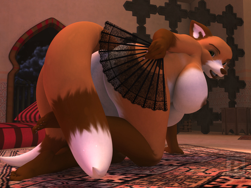2015 3d all_fours anthro big_breasts big_butt blx24 breasts brown_fur brown_nose butt canine fan female fox fur green_eyes hi_res hindpaw lips looking_at_viewer mammal nipples nude orange_fur paws pillow solo thick_thighs white_fur