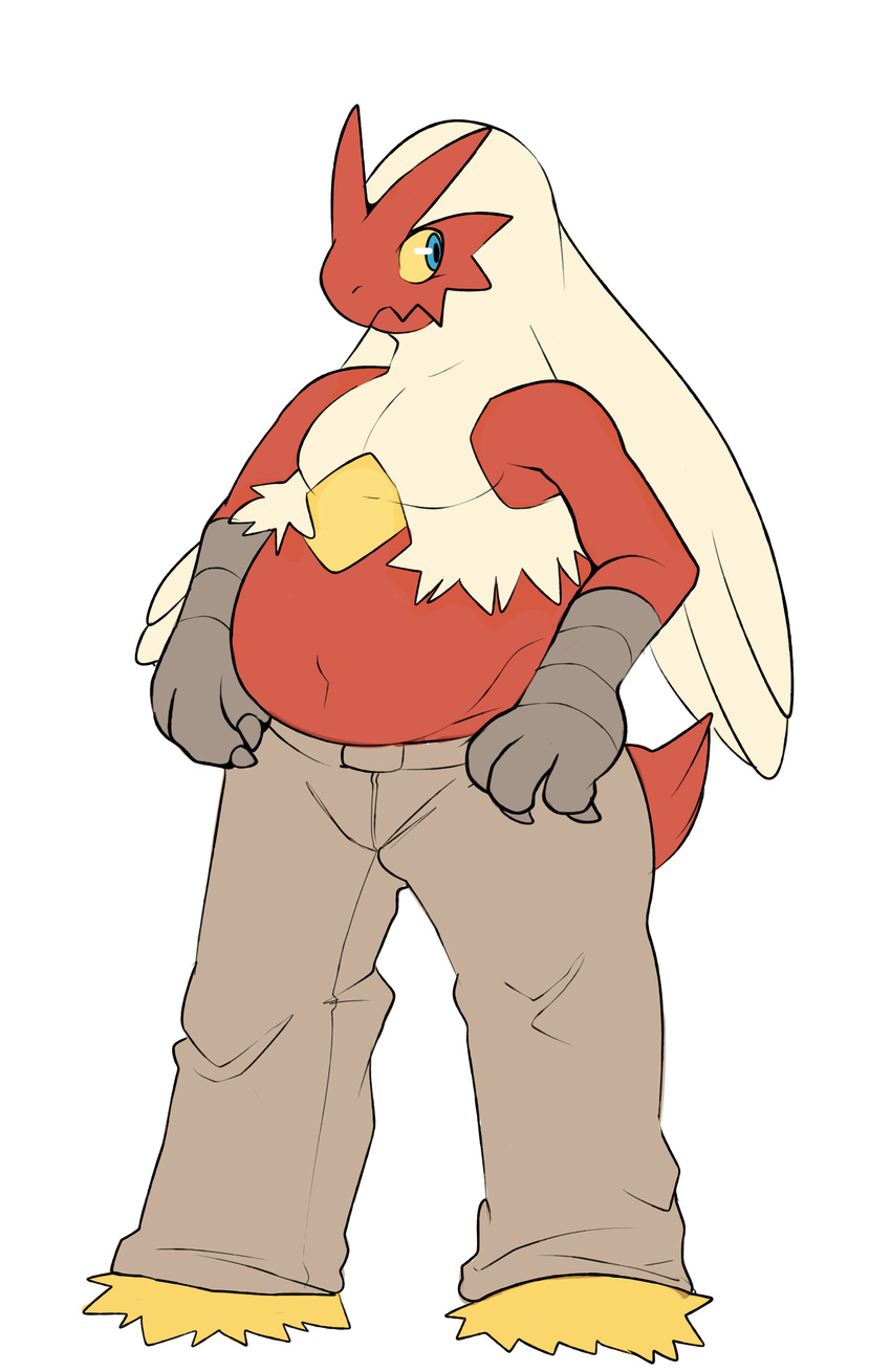 anthro avian bird blaziken blue_eyes chicken chubby clothing hi_res khaki male mammal nintendo plain_background pok&eacute;mon smt1923 solo video_games