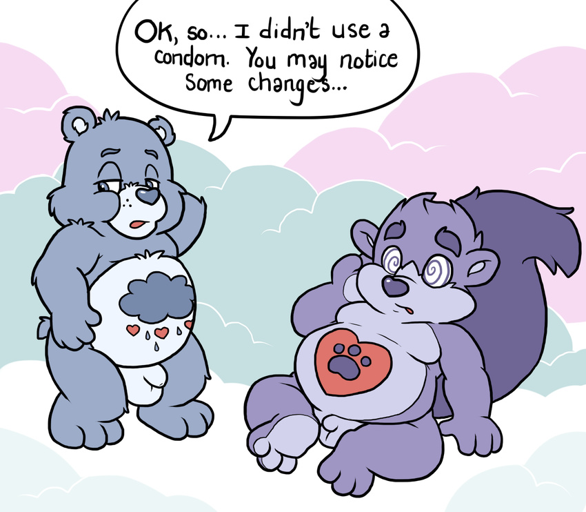 after_sex balls bear blueballs care_bears chubby cloudscape dialogue digital_media_(artwork) duo english_text flaccid flat_colors grumpy_bear hand_behind_head looking_away mammal moobs nude penis sitting sky speech_bubble spiral_eyes standing text transformation