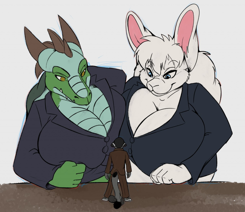 2015 anthro big_breasts breasts cat cleavage clothed clothing dragon feline female lagomorph macro male mammal rabbit size_difference t-bone_(artist)