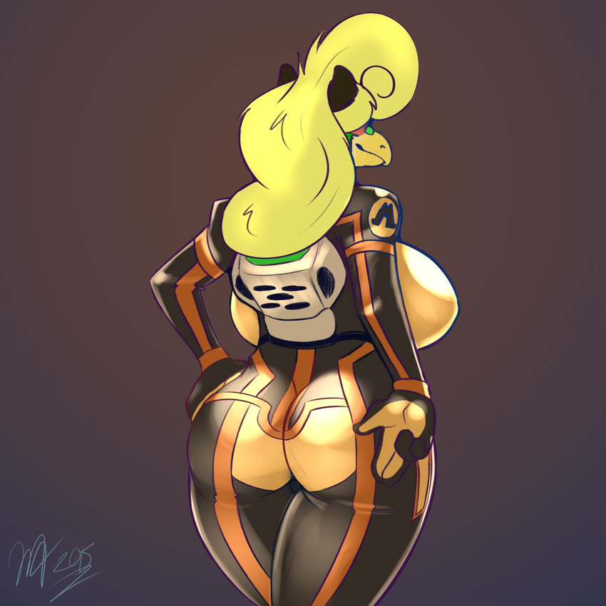 2015 anthro avian big_breasts big_butt bird breasts butt clothing female skinsuit solo t-bone_(artist) tight_clothing