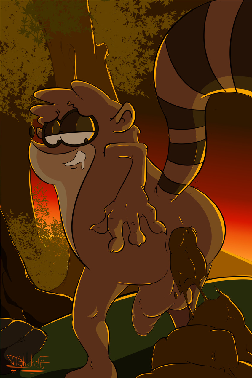 anthro anus balls brown_fur butt cartoon_network dahlshita drooling feces fur grass half-closed_eyes looking_back male mammal outside penis raccoon raised_tail regular_show rigby_(regular_show) saliva scat spread_butt spreading striped_tail tree uncut