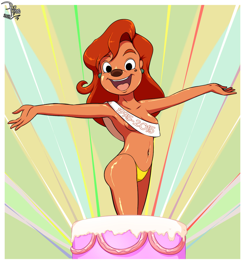 2014 a_goofy_movie beauty_mark black_eyes breasts brown_nose cake canine clothing dog ear_piercing female food hair hi_res long_hair looking_at_viewer mammal navel open_mouth panties pepipopo piercing red_hair roxanne smile solo standing teeth tongue underwear