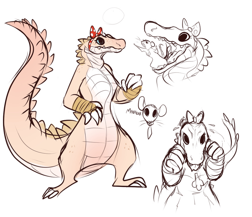 2015 albino alligator anthro blue_eyes female headband hoot mammal plain_background reptile rodent scalie sketch white_background