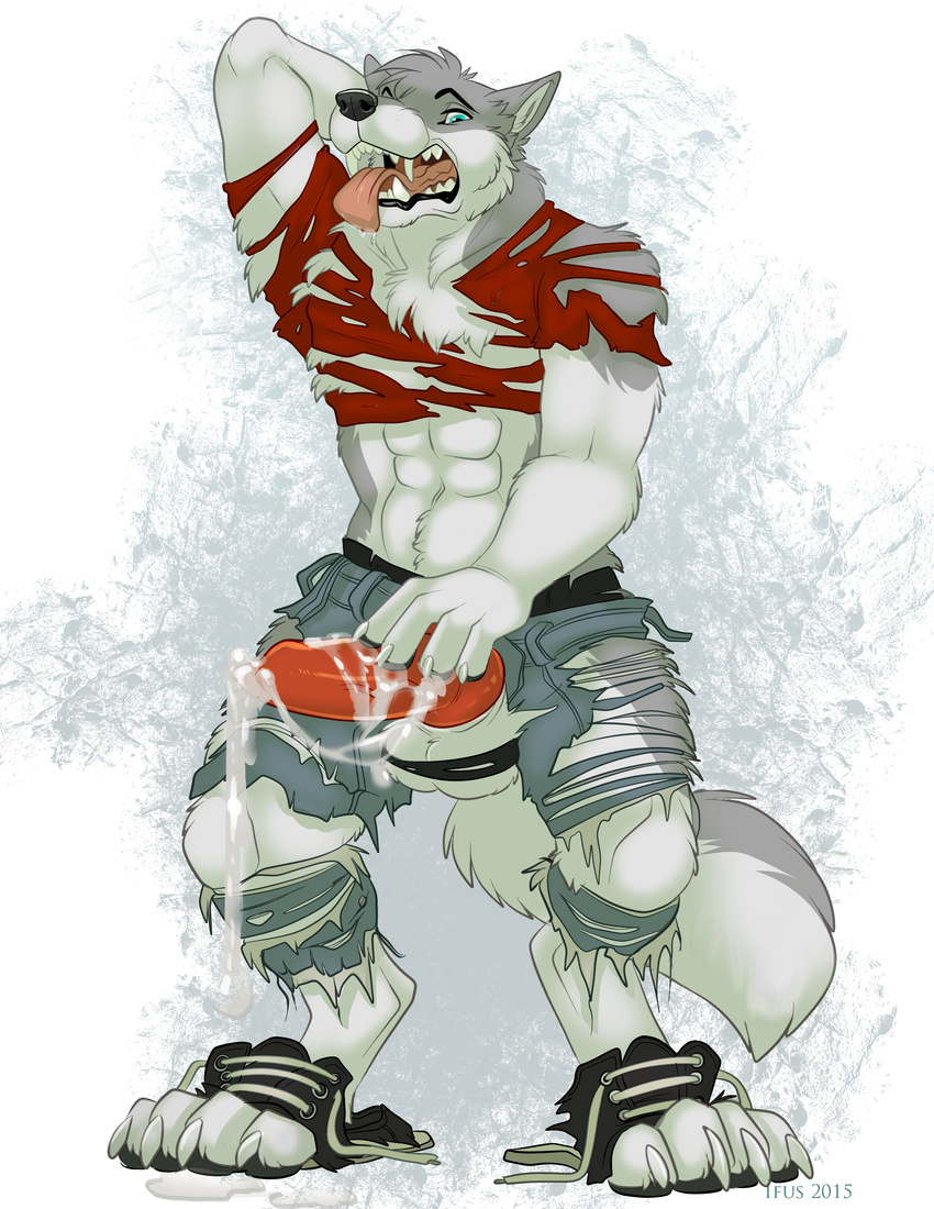 anthro balls blush canine claws clothing cum dog erection footwear fur ifus looking_at_viewer mammal masturbation open_mouth paws penis plain_background poweron ripping shoes solo teeth tongue tongue_out underwear were were-wolf werewolf wolf