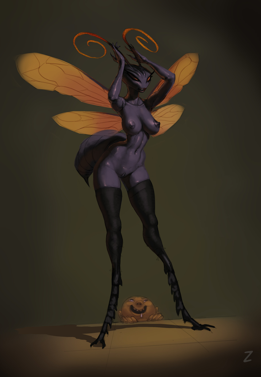 abdomen absurd_res antennae anthro arthropod breasts compound_eyes drooling duo female hi_res human insect insectoid legwear male mammal nipples non-mammal_breasts nude pussy saliva solo_focus stinger stockings tarantula_hawk voyeur wasp wide_hips wings zaggatar