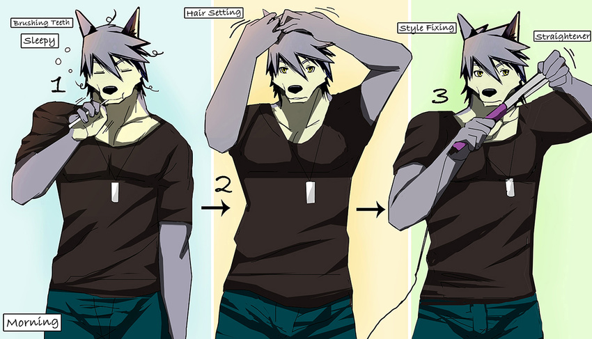 anthro armband bearlovestiger13 biceps black_nose brushing_teeth bulge canine claws clothing dog dog_tags fur grey_fur grey_hair hair husky jeans kouya_aotsuki looking_at_viewer male mammal morenatsu muscles necklace pants pecs plain_background pose shirt smile solo standing tank_top toned toothbrush v--r wristband yellow_eyes