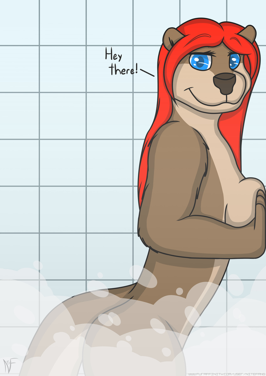 against_wall anthro blue_eyes breasts butt digital_media_(artwork) female hair mammal mustelid nitefang nude otter red_hair roxanne shower standing