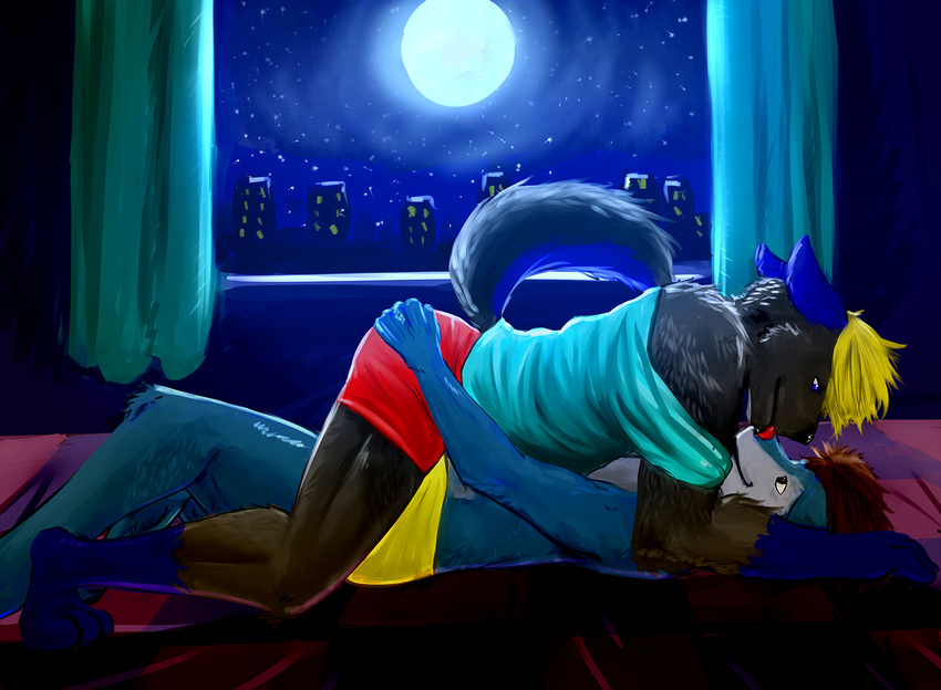 2015 anthro canine duo fur male male/male mammal moon night siriuswolfus