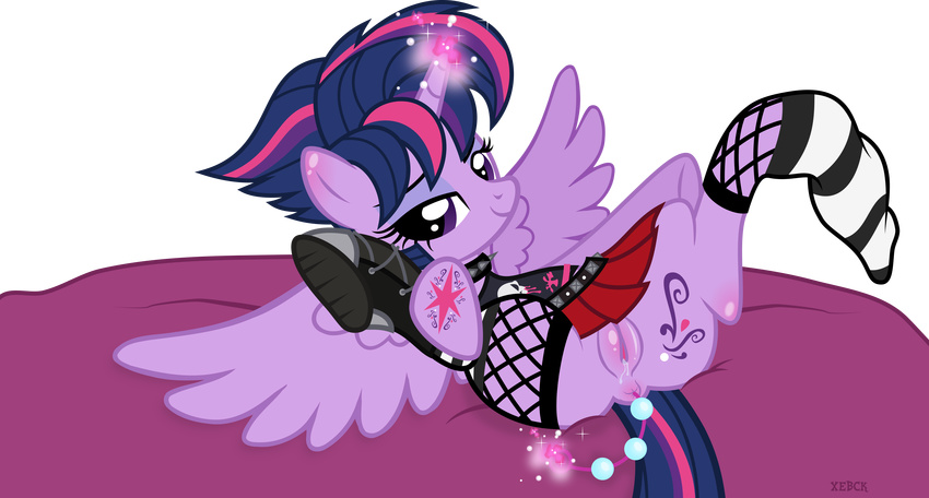 2015 alternate_hairstyle anal anal_beads anal_penetration anus bedroom_eyes clothing equine female feral friendship_is_magic hair half-closed_eyes horn legwear looking_at_viewer lying magic mammal my_little_pony on_back penetration punk purple_hair pussy pussy_juice sex_toy smile socks solo spread_legs spreading twilight_sparkle_(mlp) winged_unicorn wings xebck