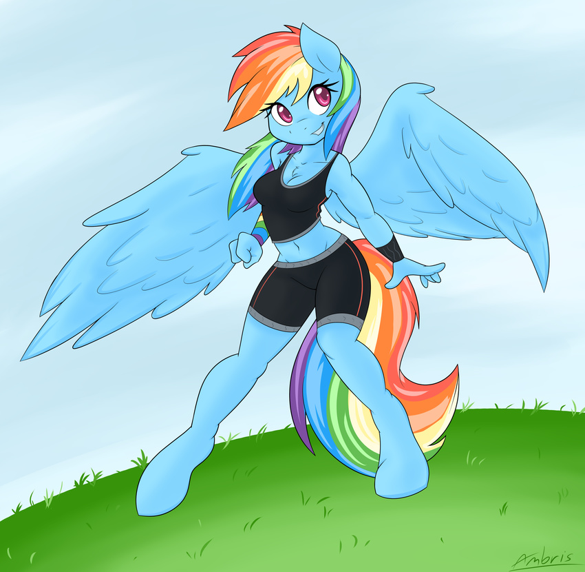 2015 ambris anthro anthrofied blue_fur chest_tuft cleavage clothed clothing equine female friendship_is_magic fur grass hair hi_res long_hair mammal midriff multicolored_hair my_little_pony navel outside pegasus pink_eyes rainbow_dash_(mlp) rainbow_hair rainbow_tail smile solo tuft wings