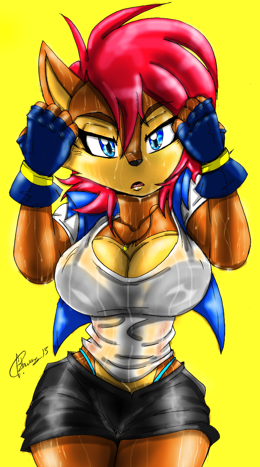 2015 akatsukishiranui-fox anthro big_breasts bipedal blue_eyes breasts chipmunk cleavage clothed clothing female hair mammal red_hair rodent sally_acorn solo sonic_(series) sweat thong