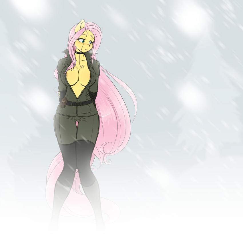 2015 anthro anthrofied areola big_breasts blush breasts cleavage clothed clothing equine female fluttershy_(mlp) friendship_is_magic hair horse long_hair mammal my_little_pony outside pink_hair pony scorpdk snow solo