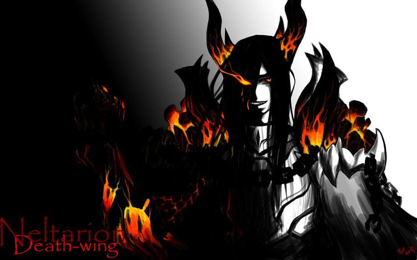 armor black_hair dark evil_grin evil_smile fire glowing glowing_eyes gradient gradient_background grin highres horns long_hair male male_focus neltharion partially_colored red_eyes scales smile solo warcraft world_of_warcraft