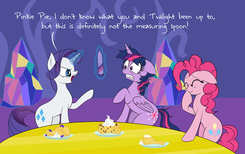 2015 dialogue drakxs english_text equine female food friendship_is_magic glowing group hair horn horse levitation magic mammal messy_hair my_little_pony pancake pinkie_pie_(mlp) plate pony rarity_(mlp) sex_toy text twilight_sparkle_(mlp) unicorn vibrator winged_unicorn wings