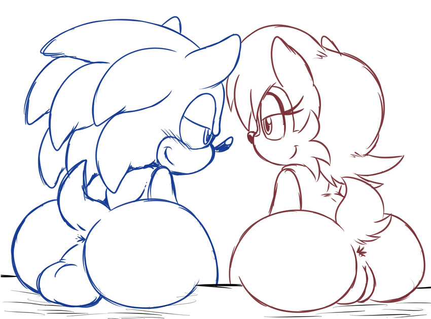 2015 anthro ball_sitting balls big_butt butt chipmunk clothing duo exhibitionism female fur hedgehog hi_res male mammal nude outside public rodent sally_acorn smile sonic_(series) sonic_the_hedgehog spice5400 squirrel vest video_games wide_hips